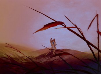 Movie still from “Bambi” (1942), directed by David Hand – A painting of a rabbit standing on top of a grass covered hill; Extreme Wide shot, Low angle