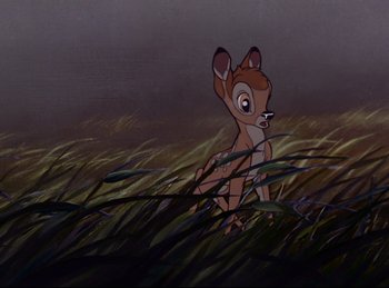Movie still from “Bambi” (1942), directed by David Hand – A painting of a deer standing in tall grass; Wide shot, High angle