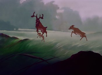Movie still from “Bambi” (1942), directed by David Hand – A painting of two deer chasing each other in the grass; Extreme Wide shot, Low angle