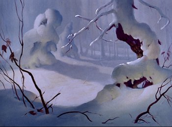 Movie still from “Bambi” (1942), directed by David Hand – A painting of a snow covered forest with trees in the background; Extreme Wide shot, Low angle