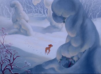 Movie still from “Bambi” (1942), directed by David Hand – A painting of an animal walking through a snow covered forest; Extreme Wide shot, High angle
