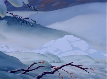 Movie still from “Bambi” (1942), directed by David Hand – A painting of a snowy landscape with a tree in the foreground; Extreme Wide shot, Low angle