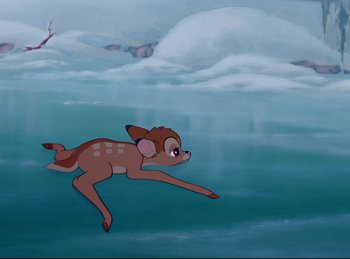 Movie still from “Bambi” (1942), directed by David Hand – A painting of a deer swimming in the water; Wide shot, Overhead angle