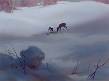 Movie still from “Bambi” (1942), directed by David Hand – A painting of two deer grazing in the snow; Extreme Wide shot, High angle