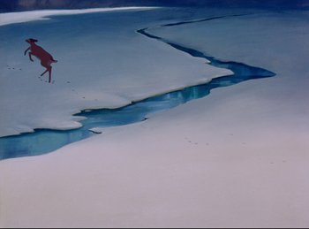 Movie still from “Bambi” (1942), directed by David Hand – A bird flying over a body of water; Extreme Wide shot, High angle