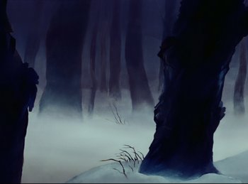 Movie still from “Bambi” (1942), directed by David Hand – A painting of trees in the middle of the night; Wide shot, Low angle