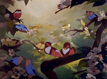 Movie still from “Bambi” (1942), directed by David Hand – Many birds sitting on a tree branch; Wide shot, Low angle