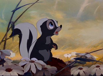 Movie still from “Bambi” (1942), directed by David Hand – A painting of a skunk sitting in a field of flowers; Close Up shot, Low angle
