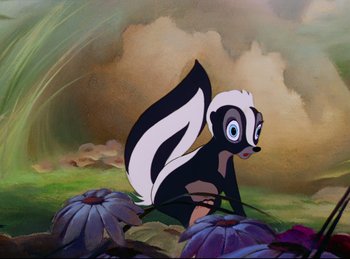 Movie still from “Bambi” (1942), directed by David Hand – A painting of an animal sitting on top of a flower field; Close Up shot, High angle