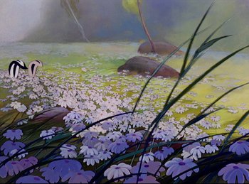 Movie still from “Bambi” (1942), directed by David Hand – A painting of flowers in the water with a bird in the background; Extreme Wide shot, Low angle