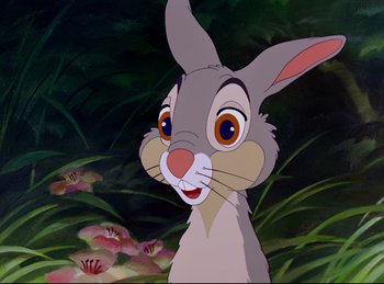 Movie still from “Bambi” (1942), directed by David Hand – A rabbit's face in a painting; Close Up shot, Low angle