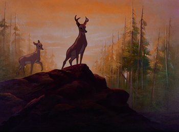 Movie still from “Bambi” (1942), directed by David Hand – A painting of two deer standing on top of a hill; Wide shot, Low angle