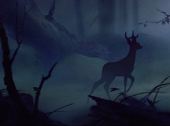 Movie still from “Bambi” (1942), directed by David Hand – A deer standing in the middle of a forest; Wide shot, Low angle