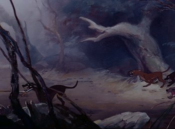 Movie still from “Bambi” (1942), directed by David Hand – A painting of two dogs chasing each other in the woods; Wide shot, Low angle