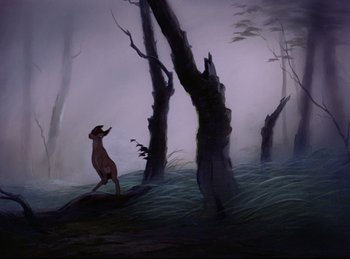 Movie still from “Bambi” (1942), directed by David Hand – An animal standing in the middle of a forest; Extreme Wide shot, Low angle