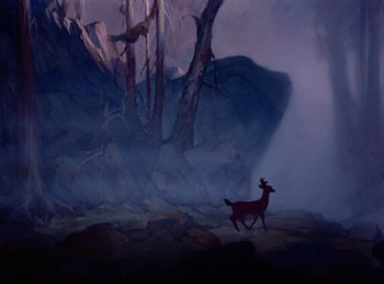 Movie still from “Bambi” (1942), directed by David Hand – A painting of a deer running through a forest; Extreme Wide shot, High angle