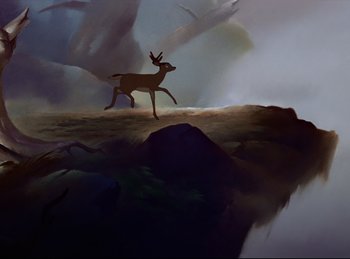 Movie still from “Bambi” (1942), directed by David Hand – A painting of a deer running across a cliff; Extreme Wide shot, Low angle