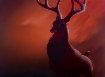 Movie still from “Bambi” (1942), directed by David Hand – A painting of an animal with large antlers; Wide shot, Low angle