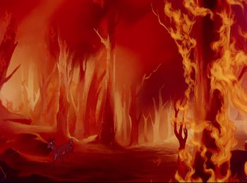Movie still from “Bambi” (1942), directed by David Hand – A painting of a deer running through a forest on fire; Extreme Wide shot, High angle