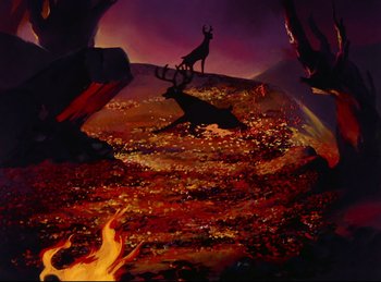 Movie still from “Bambi” (1942), directed by David Hand – A painting of an animal standing on top of a hill; Extreme Wide shot, High angle