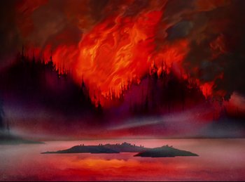Movie still from “Bambi” (1942), directed by David Hand – An oil painting of a red sky with a forest on fire; Extreme Wide shot, Low angle