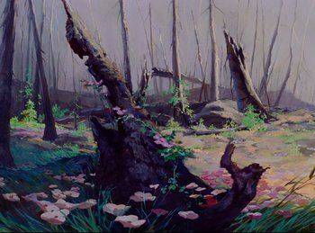 Movie still from “Bambi” (1942), directed by David Hand – An oil painting of trees and flowers in the woods; Wide shot, Low angle