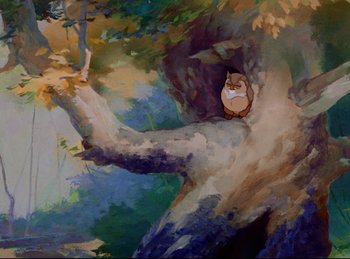 Movie still from “Bambi” (1942), directed by David Hand – An owl sitting on a branch of a tree; Wide shot, Low angle