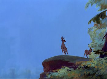 Movie still from “Bambi” (1942), directed by David Hand – A painting of two deer standing on top of a hill; Wide shot, Low angle