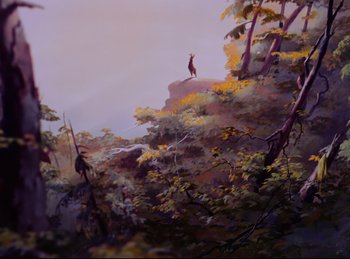 Movie still from “Bambi” (1942), directed by David Hand – A painting of a bird standing on top of a hill; Extreme Wide shot, Overhead angle