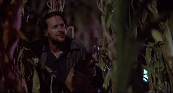 Movie still from “Barfly” (1987), directed by Barbet Schroeder – A man in a field with a bunch of leaves on his head; Close Up shot, Low angle