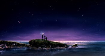 Movie still from “Barking Dogs Never Bite” (2000), directed by Bong Joon Ho – A group of people standing on top of an island; Extreme Wide shot, Low angle