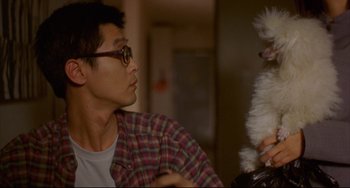 Movie still from “Barking Dogs Never Bite” (2000), directed by Bong Joon Ho – A man holding a small white dog in his arms; Close Up shot, Over the shoulder angle
