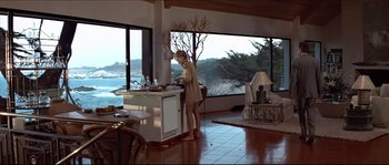 Movie still from “Basic Instinct” (1992), directed by Paul Verhoeven – A woman standing at a kitchen sink in front of a large window; Wide shot, High angle