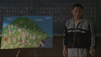 Movie still from “Battle Royale” (2000), directed by Kinji Fukasaku – A man standing in front of a chalkboard; Wide shot, Low angle
