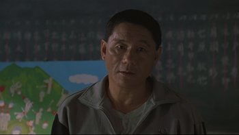 Movie still from “Battle Royale” (2000), directed by Kinji Fukasaku – A person wearing a jacket; Close Up shot, High angle