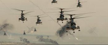 Movie still from “Battle Los Angeles” (2011), directed by Jonathan Liebesman – A group of military helicopters flying in formation; Extreme Wide shot, High angle