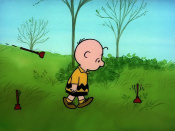 Movie still from “Be My Valentine, Charlie Brown” (1975), directed by Phil Roman – A charlie brown character walking in the grass; Wide shot, High angle