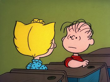 Movie still from “Be My Valentine, Charlie Brown” (1975), directed by Phil Roman – A painting of a girl and a boy sitting at a desk; Close Up shot, High angle