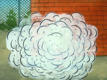 Movie still from “Be My Valentine, Charlie Brown” (1975), directed by Phil Roman – A wall with a bunch of clouds painted on it; Extreme Wide shot, Overhead angle