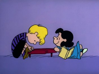 Movie still from “Be My Valentine, Charlie Brown” (1975), directed by Phil Roman – A couple of people sitting next to each other on the ground; Extreme Wide shot, High angle