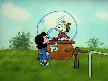 Movie still from “Be My Valentine, Charlie Brown” (1975), directed by Phil Roman – A painting of a girl and a dog; Extreme Wide shot, High angle