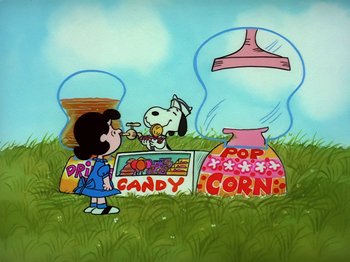 Movie still from “Be My Valentine, Charlie Brown” (1975), directed by Phil Roman – A painting of a girl and a dog in a field; Extreme Wide shot, High angle