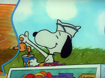 Movie still from “Be My Valentine, Charlie Brown” (1975), directed by Phil Roman – A painting of a dog holding a cup of water; Extreme Wide shot, High angle