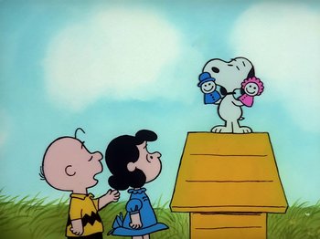 Movie still from “Be My Valentine, Charlie Brown” (1975), directed by Phil Roman – A couple of people standing next to each other; Extreme Wide shot, Low angle