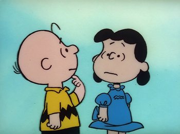Movie still from “Be My Valentine, Charlie Brown” (1975), directed by Phil Roman – Charlie brown and lucy from the peanuts cartoon; Close Up shot, High angle