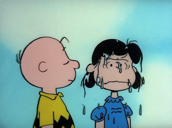 Movie still from “Be My Valentine, Charlie Brown” (1975), directed by Phil Roman – A charlie brown and a linus van pelt crying; Close Up shot, Low angle
