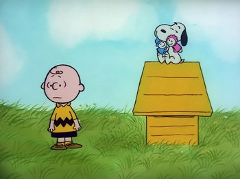 Movie still from “Be My Valentine, Charlie Brown” (1975), directed by Phil Roman – A charlie brown and snoopy cartoon is shown; Extreme Wide shot, Low angle