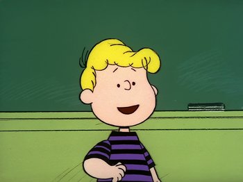 Movie still from “Be My Valentine, Charlie Brown” (1975), directed by Phil Roman – A drawing of a boy with blond hair and a striped shirt; Medium shot, High angle