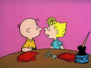 Movie still from “Be My Valentine, Charlie Brown” (1975), directed by Phil Roman – A couple of people that are sitting at a table; Medium shot, High angle