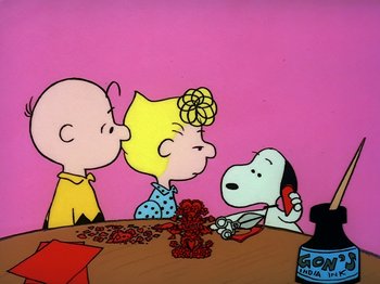 Movie still from “Be My Valentine, Charlie Brown” (1975), directed by Phil Roman – A group of cartoon characters sitting at a table; Extreme Wide shot, High angle